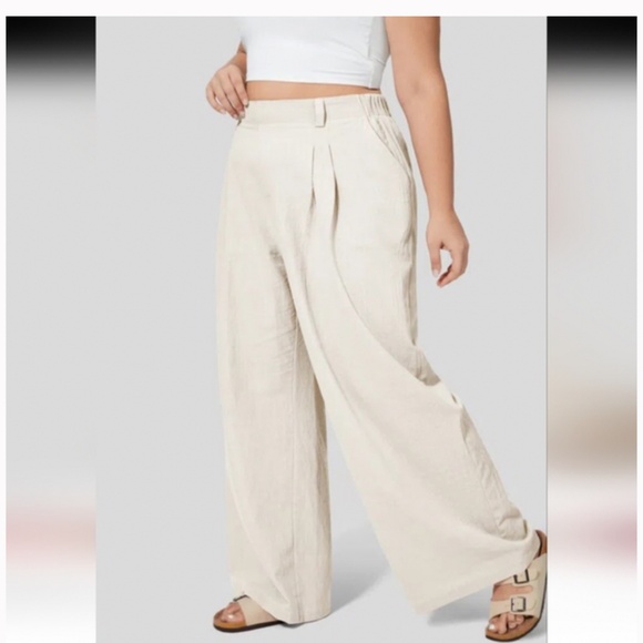 High Waisted Pocket Wide Leg Flowy Solid Palazzo Casual Linen-Feel Pants - Picture 2 of 3